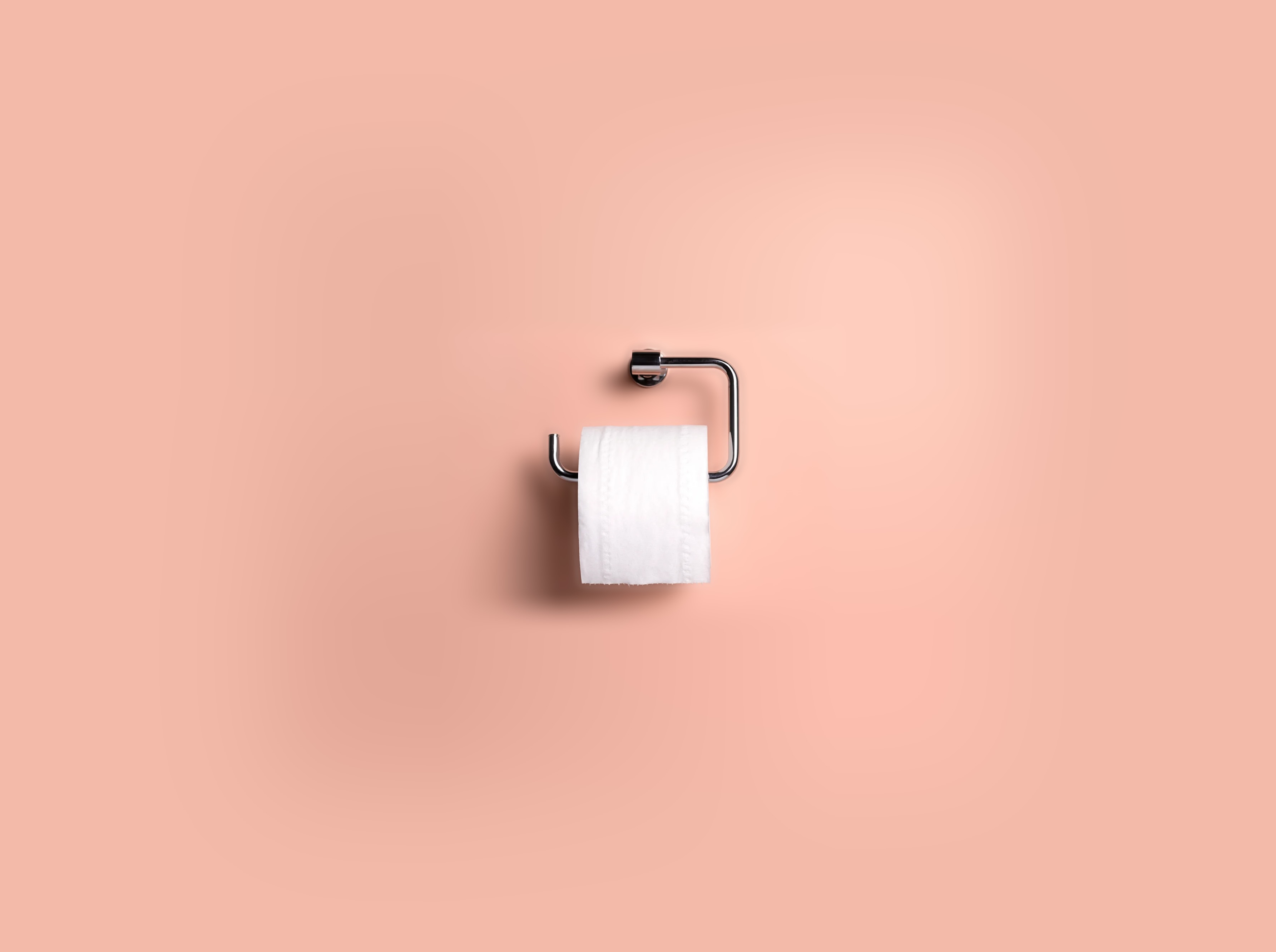 A fresh toilet roll on a polished chrome holder, on a peach wall.